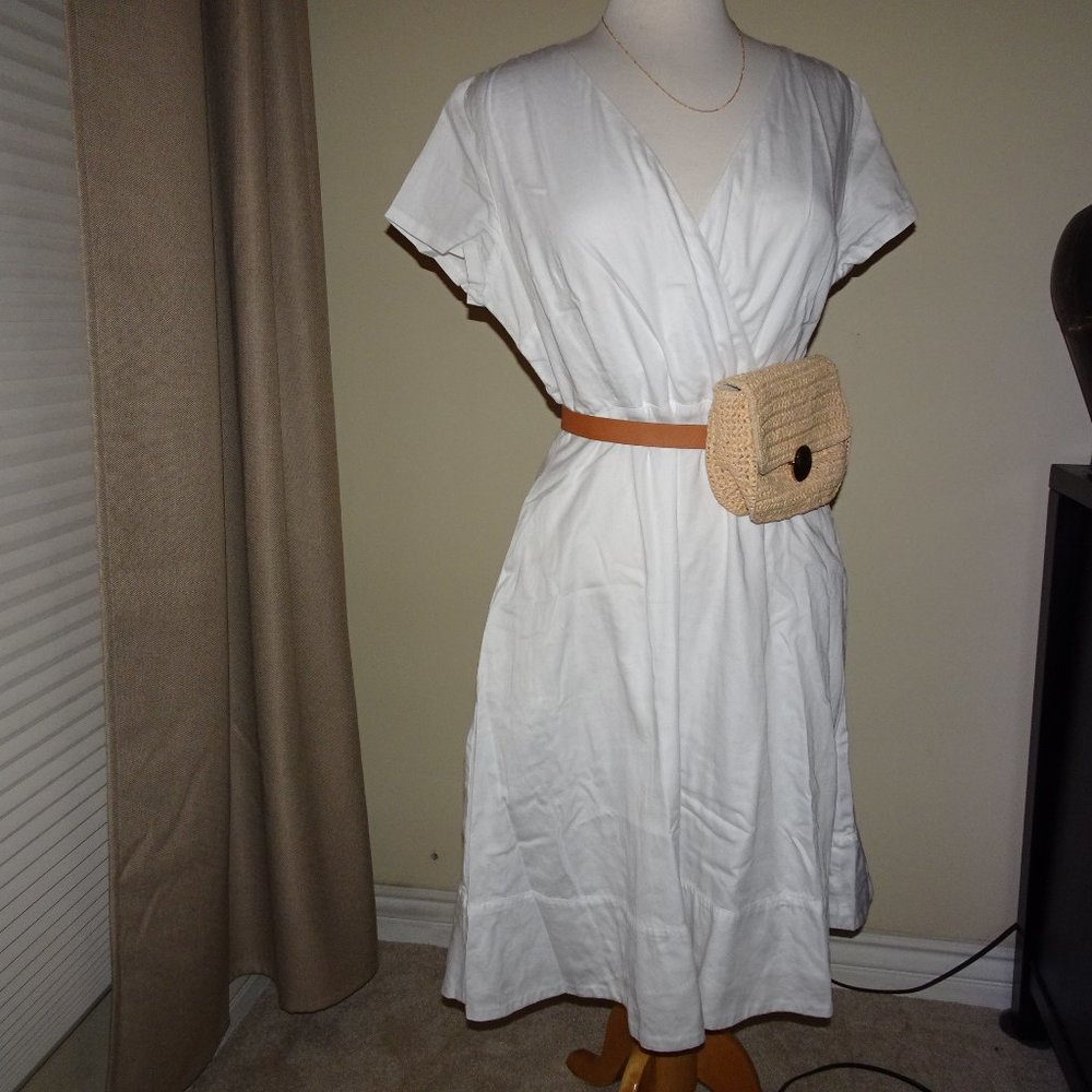 Lands' End White Cotton Faux Wrap Dress w Side Pockets 10